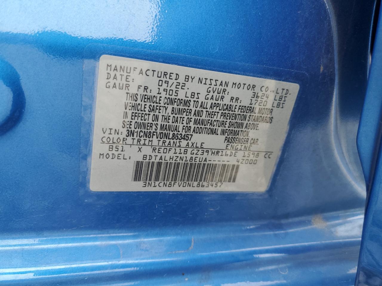 2022 NISSAN VERSA SR VIN:3N1CN8FV0NL863457