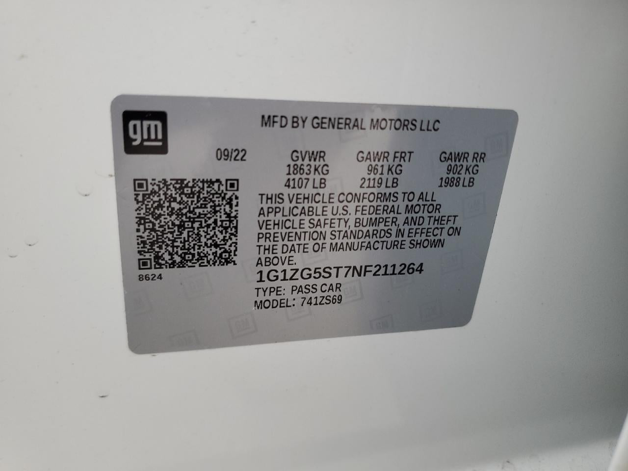 2022 CHEVROLET MALIBU RS VIN:1G1ZG5ST7NF211264