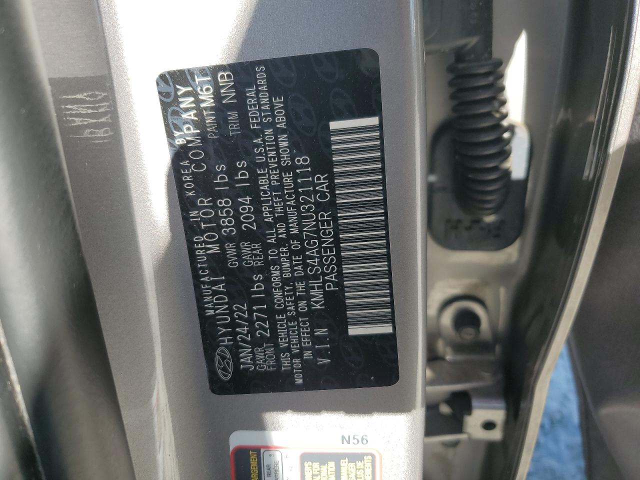 2022 HYUNDAI ELANTRA SEL VIN:KMHLS4AG7NU321118