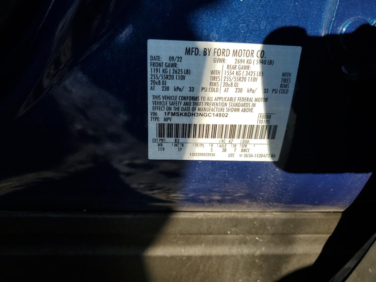 2022 FORD EXPLORER XLT VIN:1FMSK8DH3NGC14802