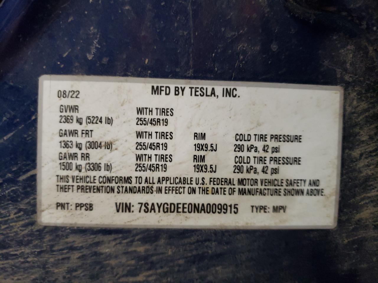 2022 TESLA MODEL Y  VIN:7SAYGDEE0NA009915