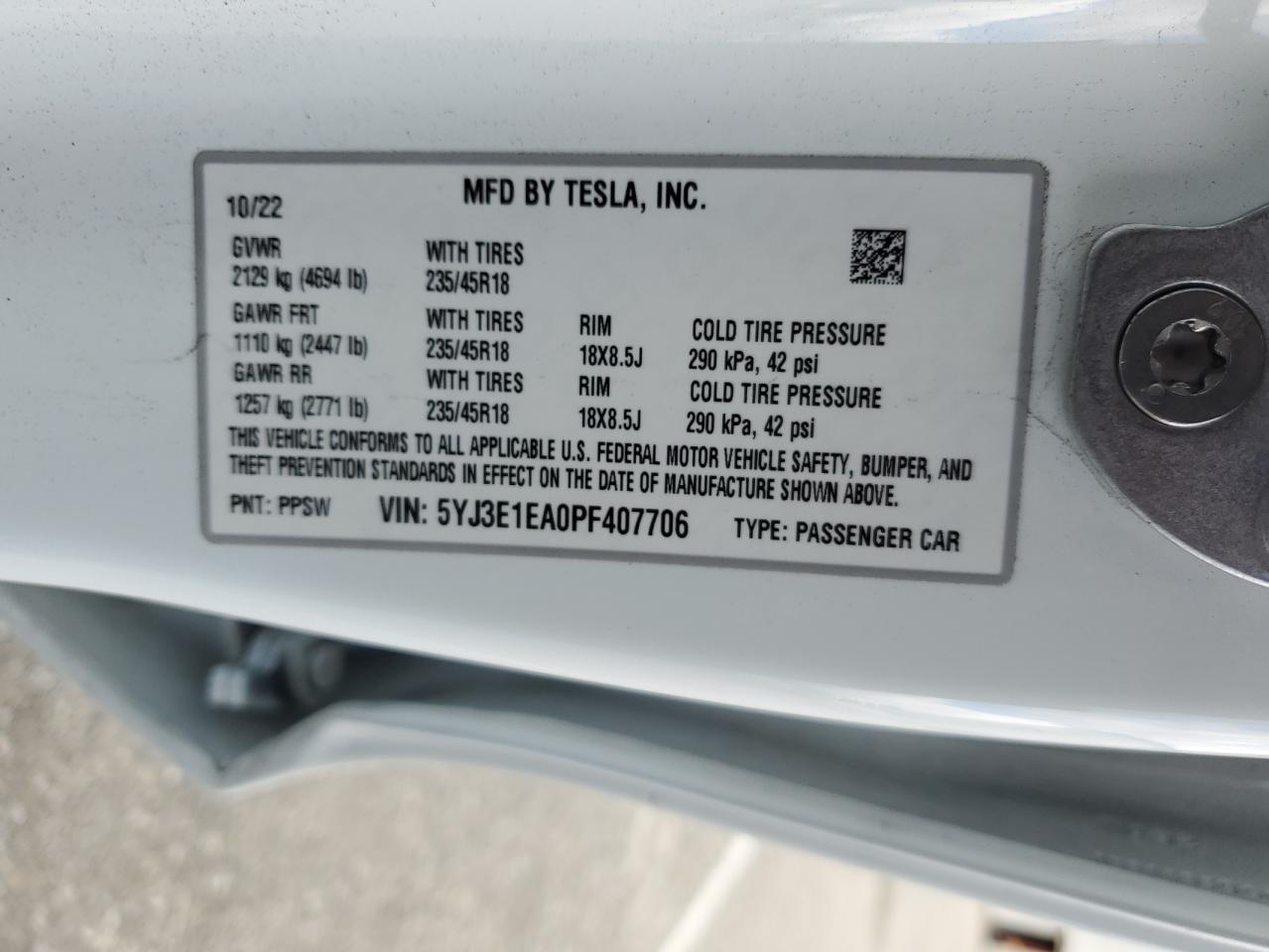 2023 TESLA MODEL 3  VIN:5YJ3E1EA0PF407706