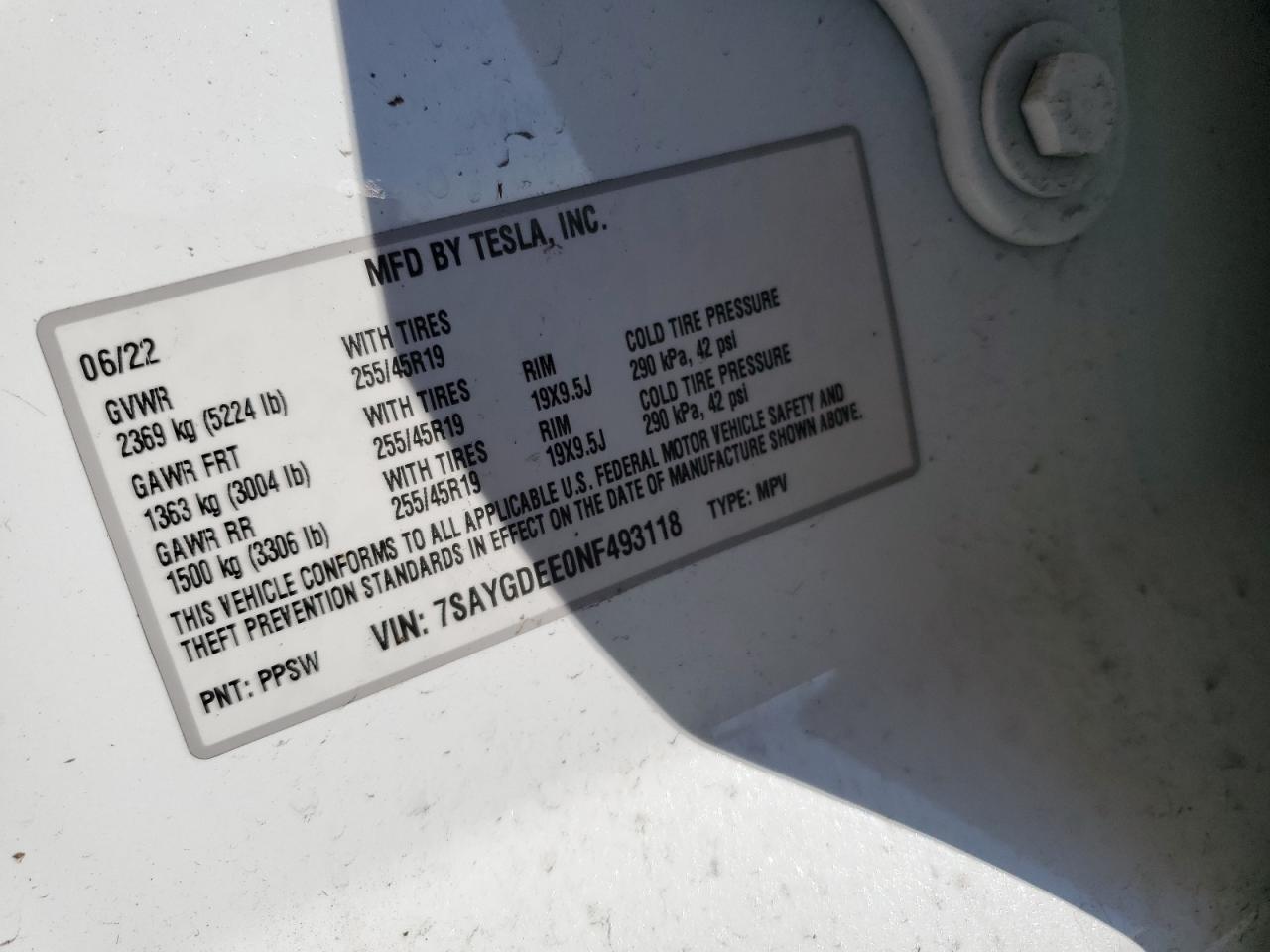 2022 TESLA MODEL Y VIN:7SAYGDEE0NF493118