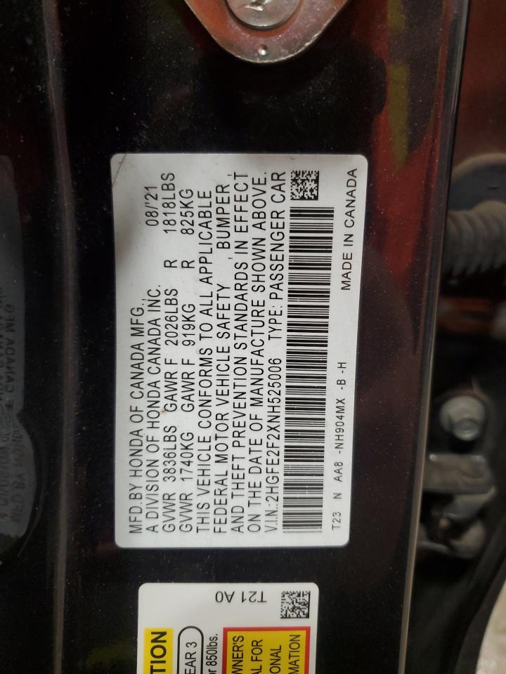 2022 HONDA CIVIC LX VIN:2HGFE2F2XNH525006