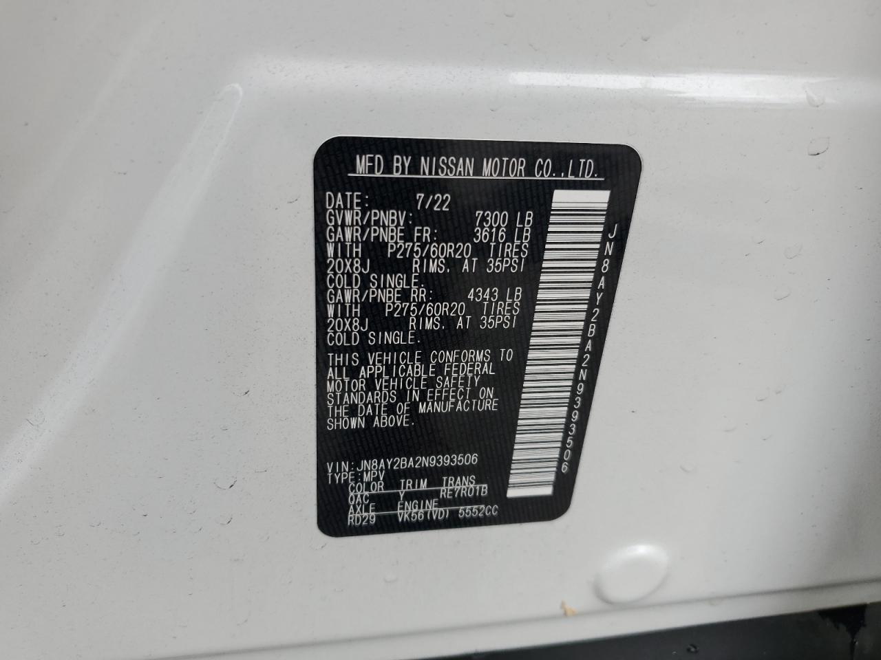 2022 NISSAN ARMADA SL VIN:JN8AY2BA2N9393506