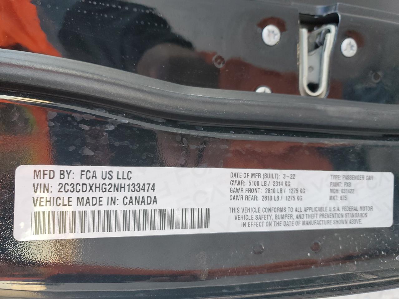 2022 DODGE CHARGER GT VIN:2C3CDXHG2NH133474