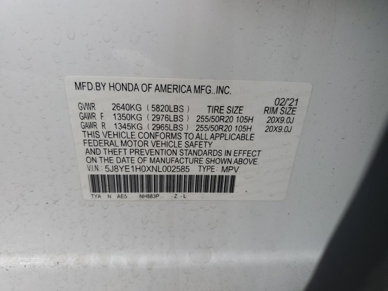 2022 ACURA MDX A-SPEC VIN:5J8YE1H0XNL002585