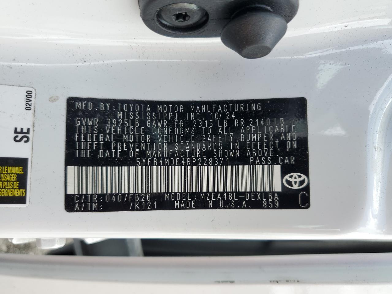 2024 TOYOTA COROLLA LE VIN:5YFB4MDE4RP228371