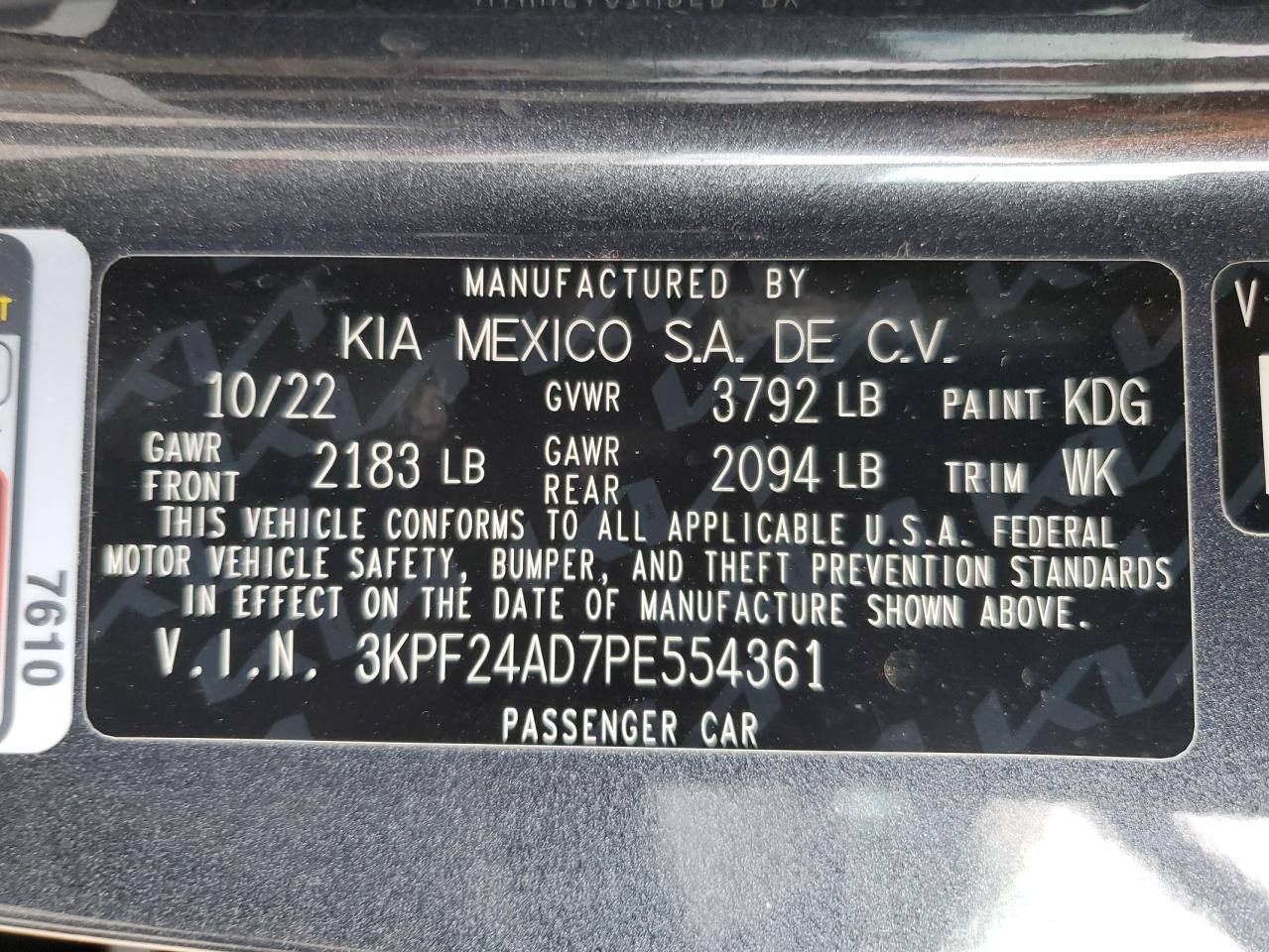 2023 KIA FORTE LX VIN:3KPF24AD7PE554361