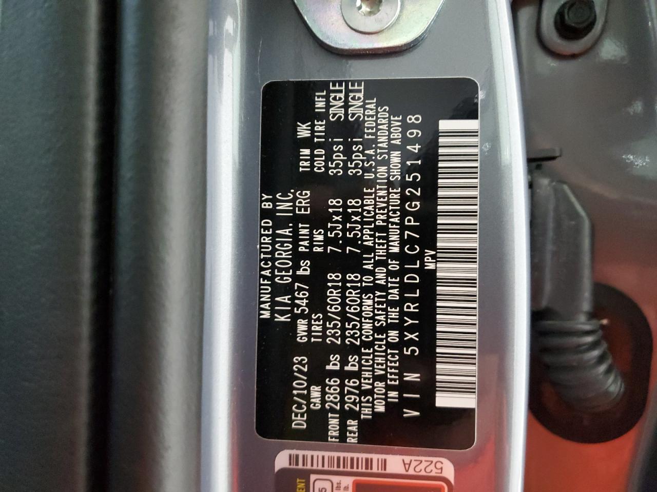2023 KIA SORENTO S VIN:5XYRLDLC7PG251498