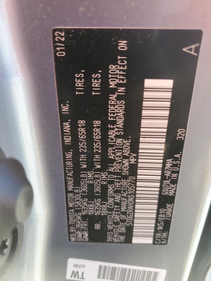 2022 TOYOTA HIGHLANDER XLE VIN:5TDGZRAH0NS105770