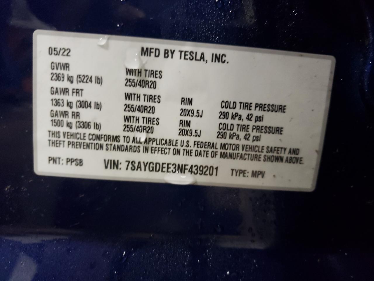 2022 TESLA MODEL Y  VIN:7SAYGDEE3NF439201