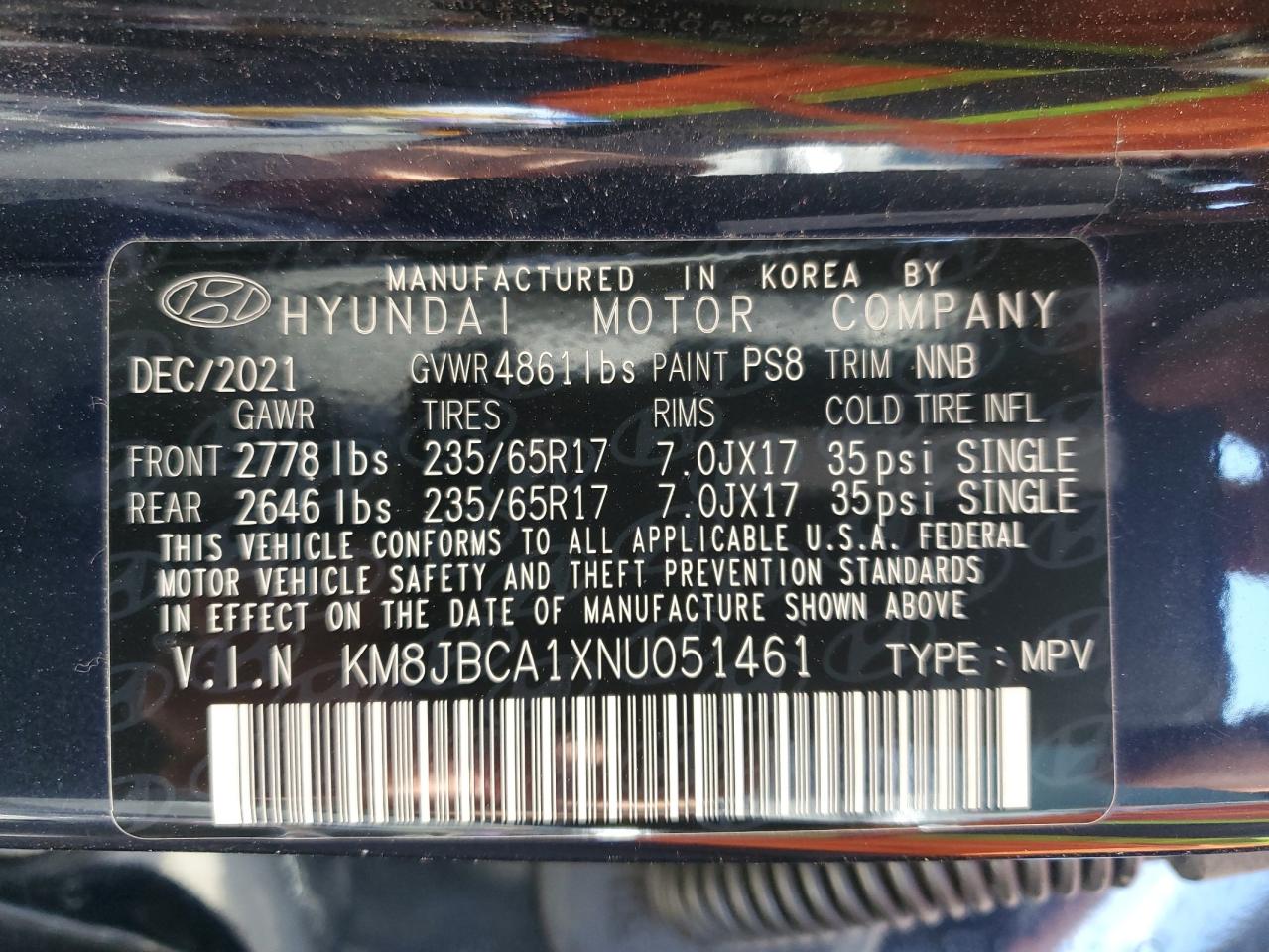 2022 HYUNDAI TUCSON BLUE VIN:KM8JBCA1XNU051461