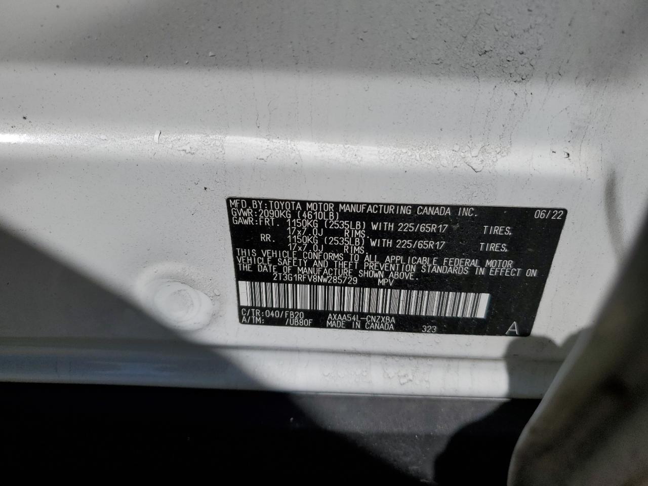 2022 TOYOTA RAV4 LE VIN:2T3G1RFV8NW285729