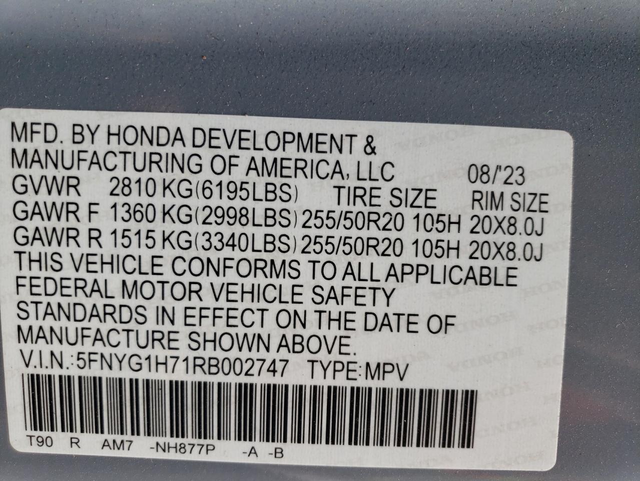 2024 HONDA PILOT TOURING VIN:5FNYG1H71RB002747