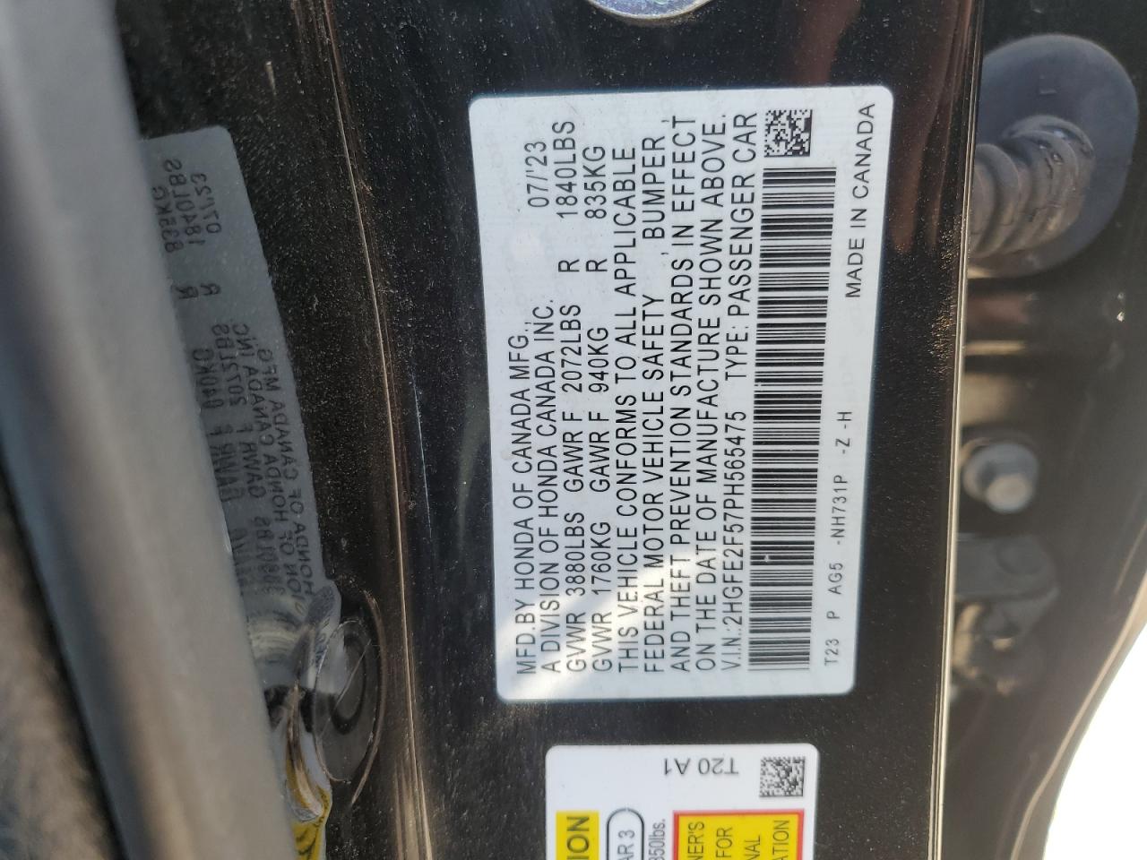 2023 HONDA CIVIC SPORT VIN:2HGFE2F57PH565475