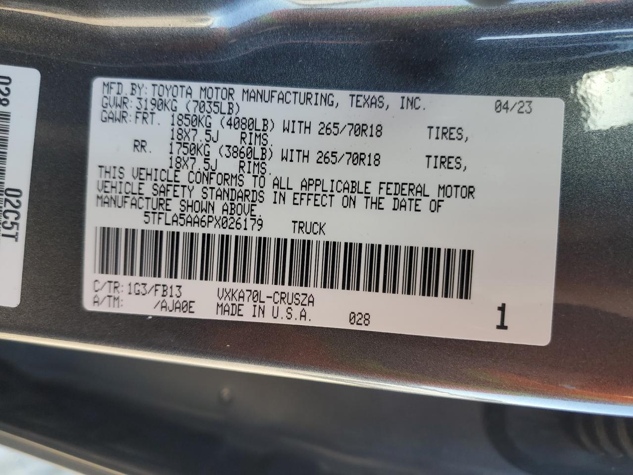 2023 TOYOTA TUNDRA DOUBLE CAB SR VIN:5TFLA5AA6PX026179