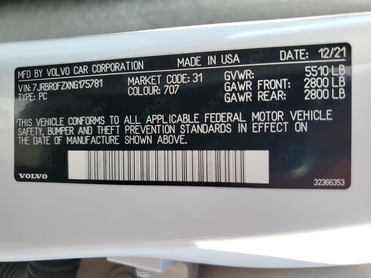 2022 VOLVO S60 T8 RECHARGE R-DESIGN EXPRESSION VIN:7JRBR0FZXNG175781