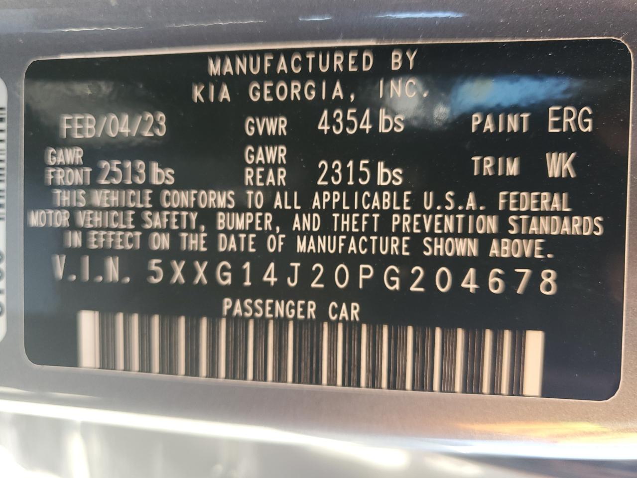 2023 KIA K5 LXS VIN:5XXG14J20PG204678