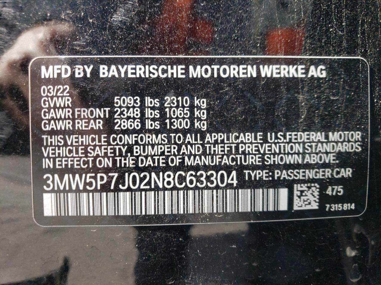 2022 BMW 330E  VIN:3MW5P7J02N8C63304