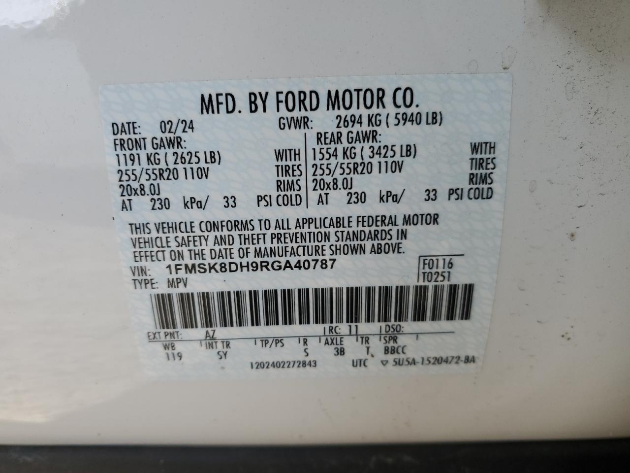 2024 FORD EXPLORER XLT VIN:1FMSK8DH9RGA40787