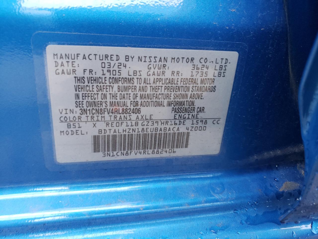 2024 NISSAN VERSA SR VIN:3N1CN8FV4RL882406