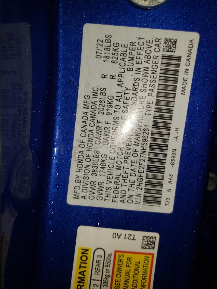 2022 HONDA CIVIC LX VIN:2HGFE2F27NH596261