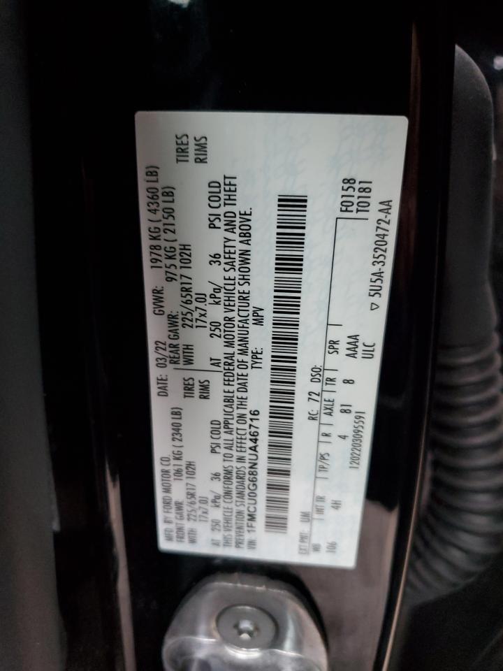 2022 FORD ESCAPE SE VIN:1FMCU0G68NUA46716