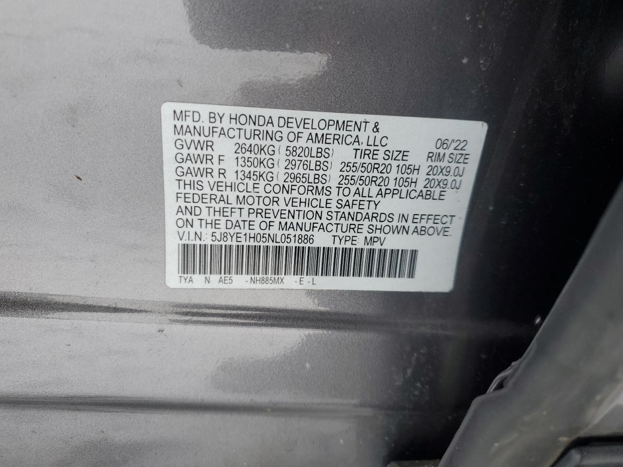 2022 ACURA MDX A-SPEC VIN:5J8YE1H05NL051886