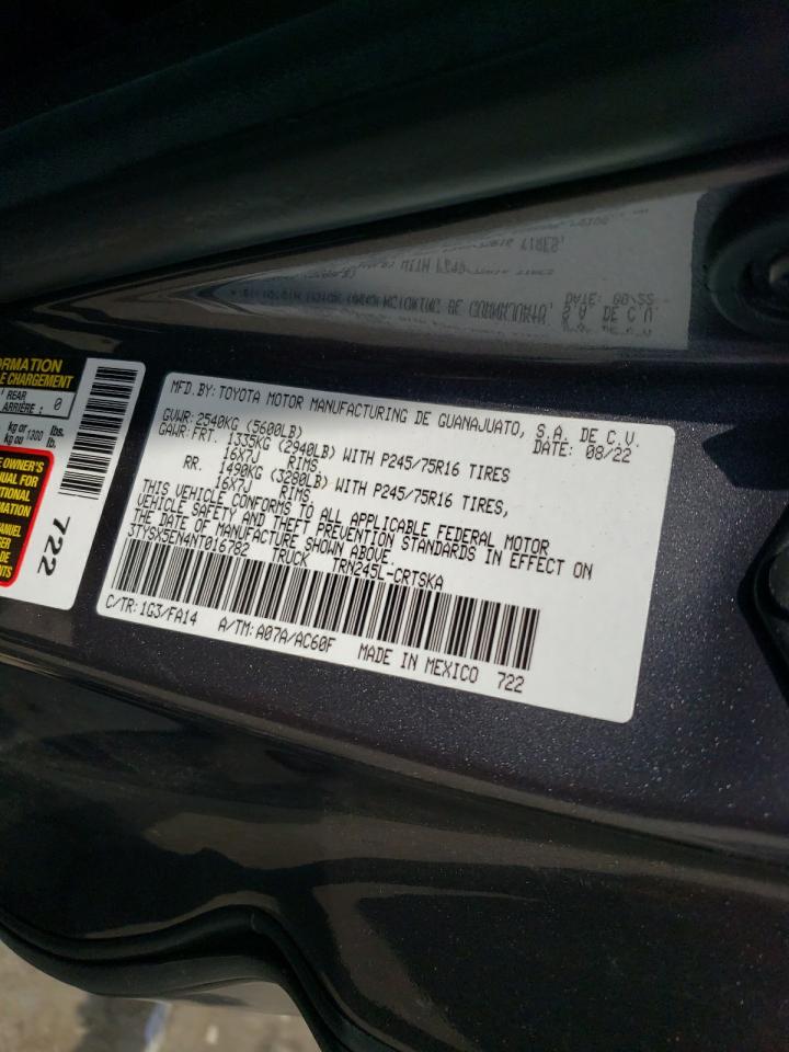 2022 TOYOTA TACOMA ACCESS CAB VIN:3TYSX5EN4NT016782