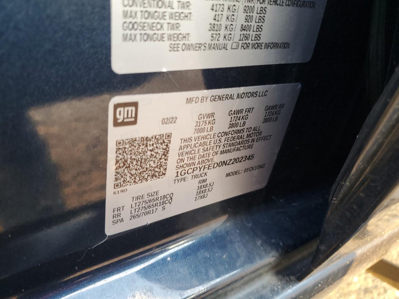 2022 CHEVROLET SILVERADO LTD K1500 LT TRAIL BOSS VIN:1GCPYFED0NZ202345