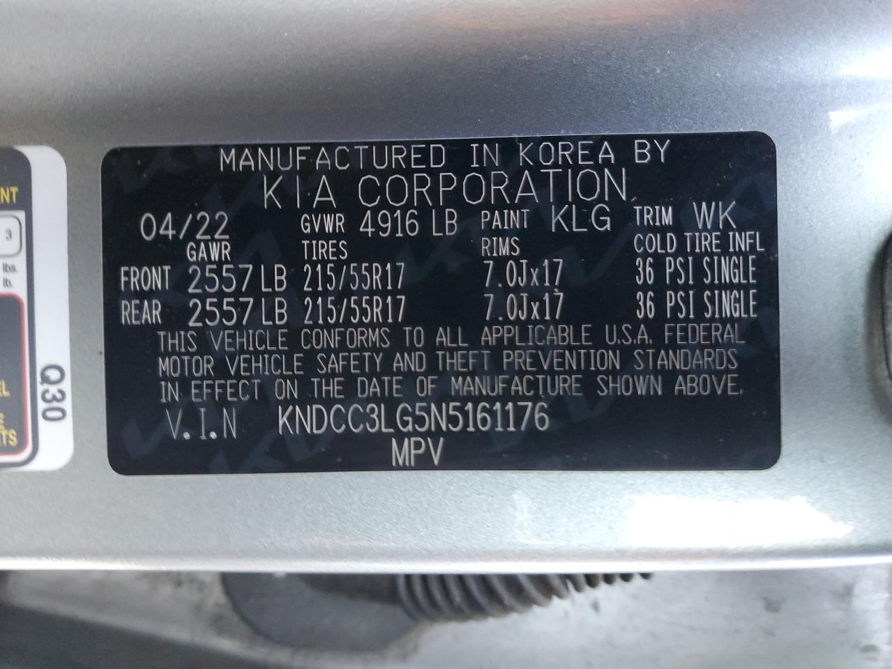 2022 KIA NIRO S VIN:KNDCC3LG5N5161176