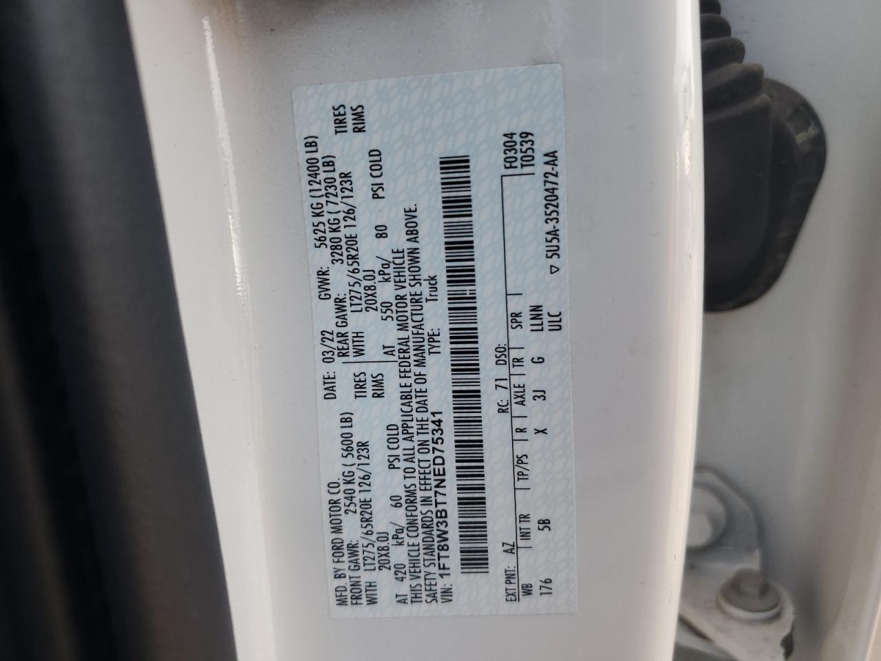 2022 FORD F350 SUPER DUTY VIN:1FT8W3BT7NED75341