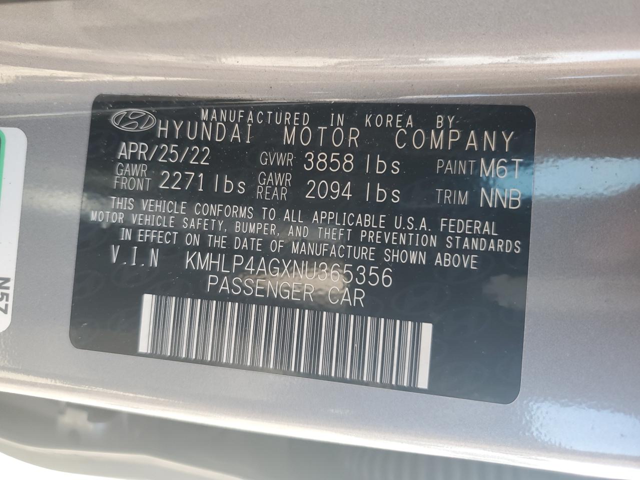 2022 HYUNDAI ELANTRA LIMITED VIN:KMHLP4AGXNU365356