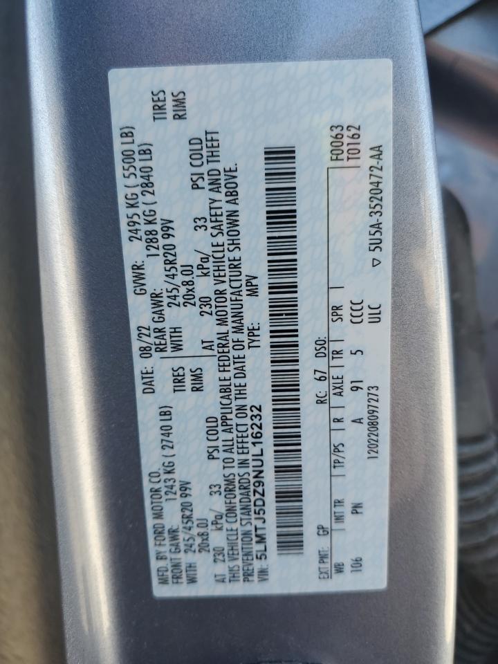 2022 LINCOLN CORSAIR GRAND TOURING VIN:5LMTJ5DZ9NUL16232