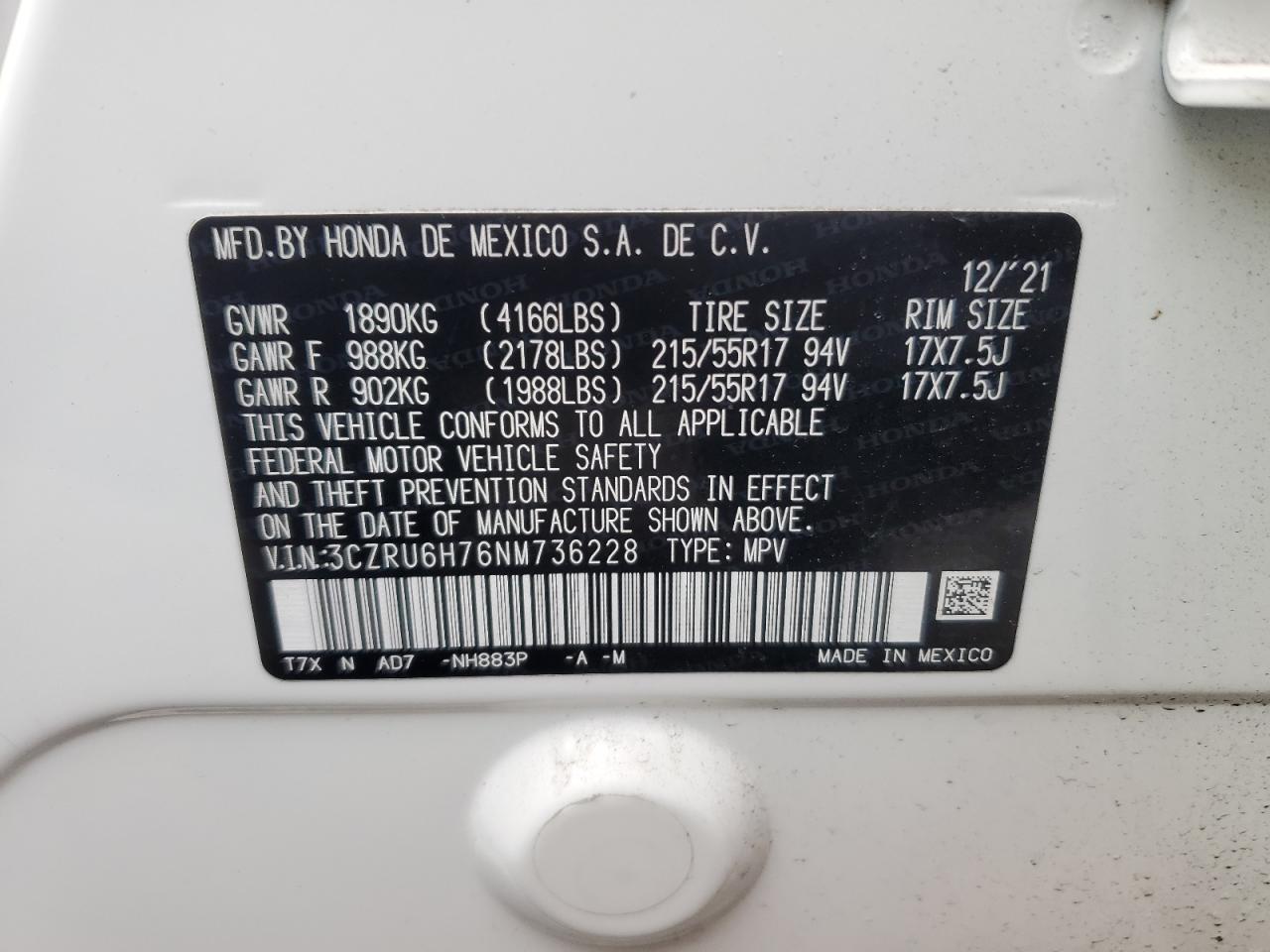 2022 HONDA HR-V EXL VIN:3CZRU6H76NM736228
