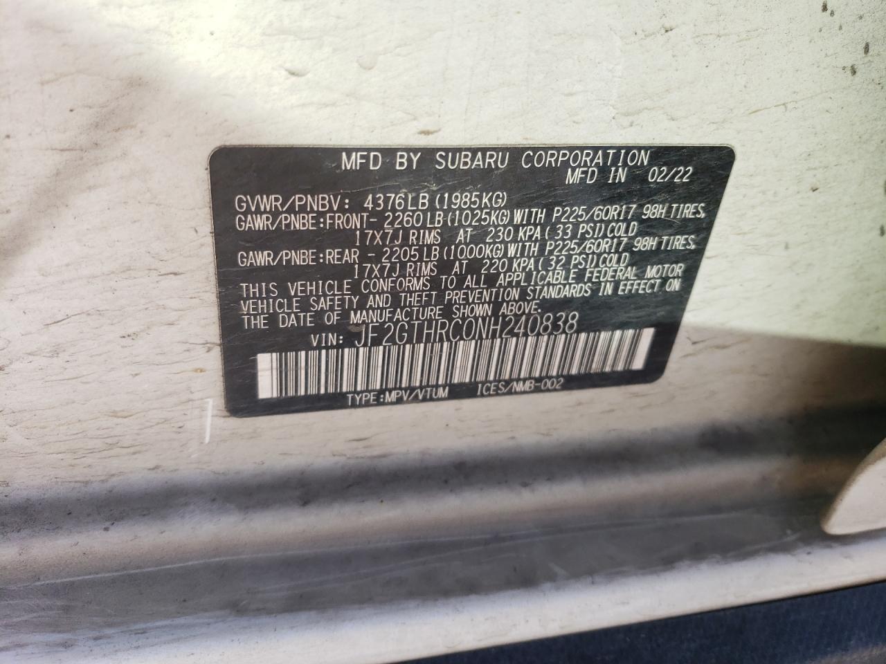 2022 SUBARU CROSSTREK SPORT VIN:JF2GTHRC0NH240838