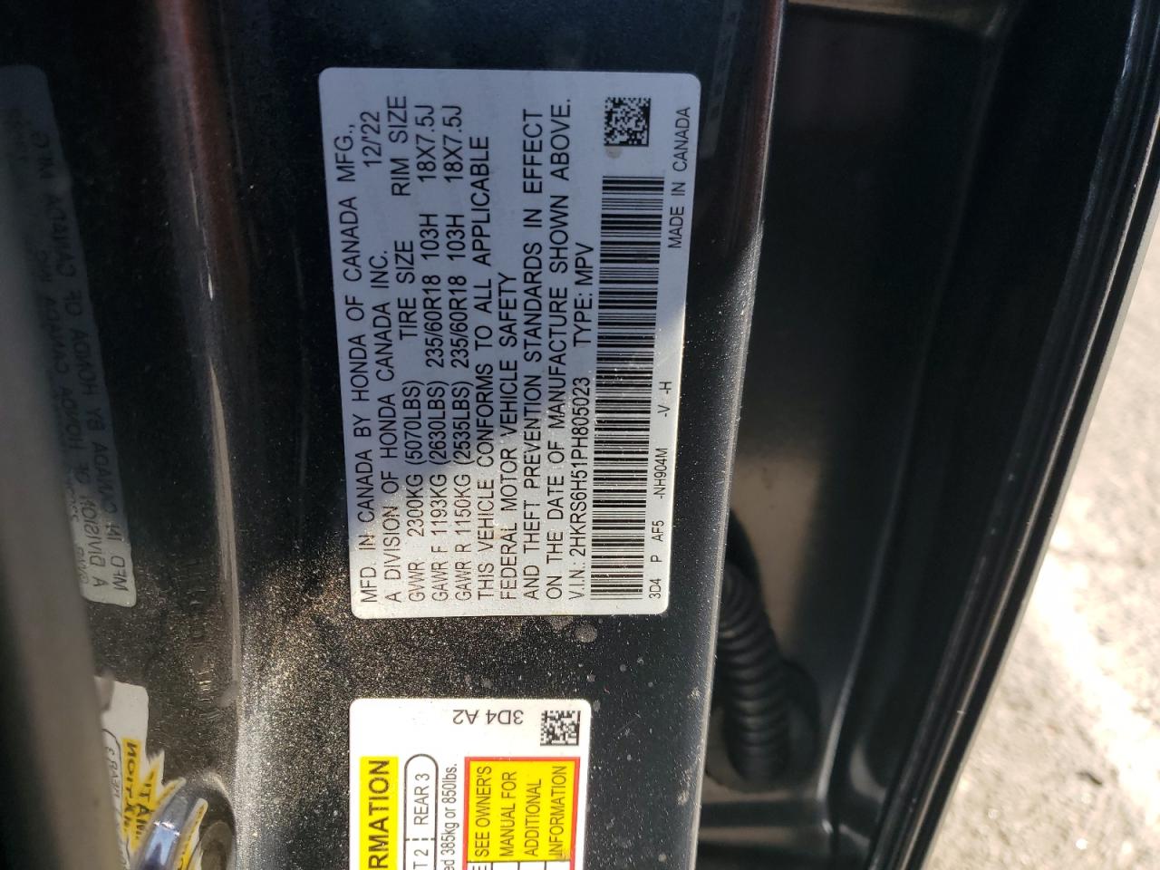 2023 HONDA CR-V SPORT VIN:2HKRS6H51PH805023