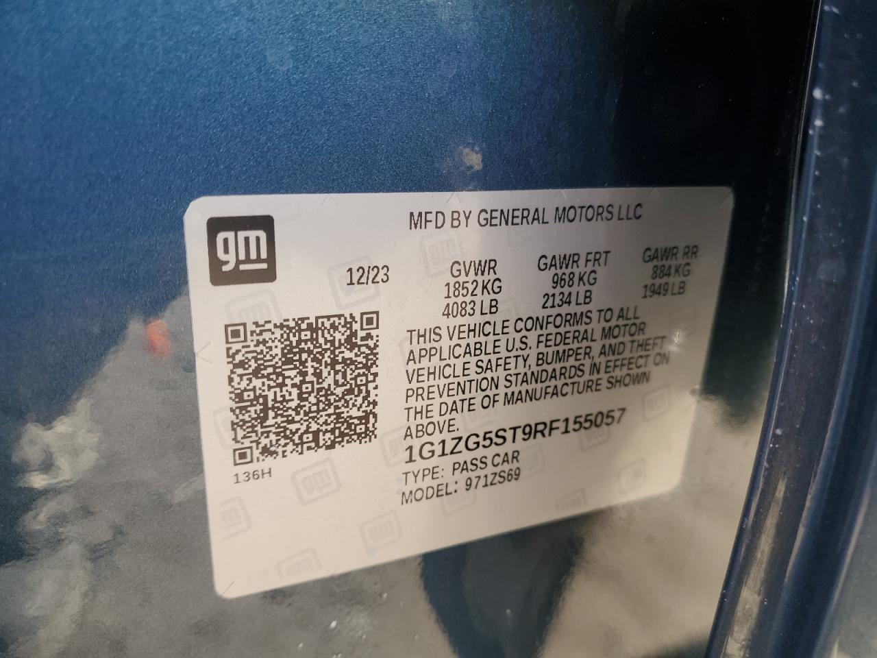 2024 CHEVROLET MALIBU RS VIN:1G1ZG5ST9RF155057