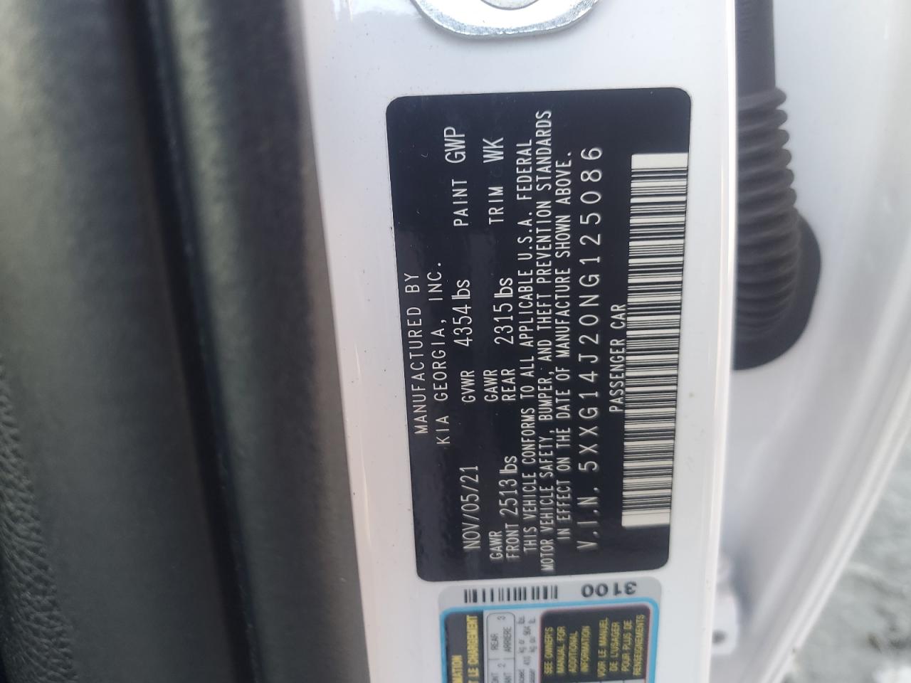 2022 KIA K5 LXS VIN:5XXG14J20NG125086