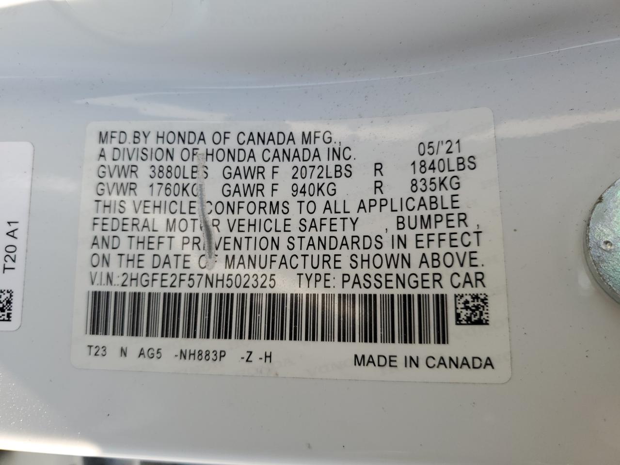 2022 HONDA CIVIC SPORT VIN:2HGFE2F57NH502325