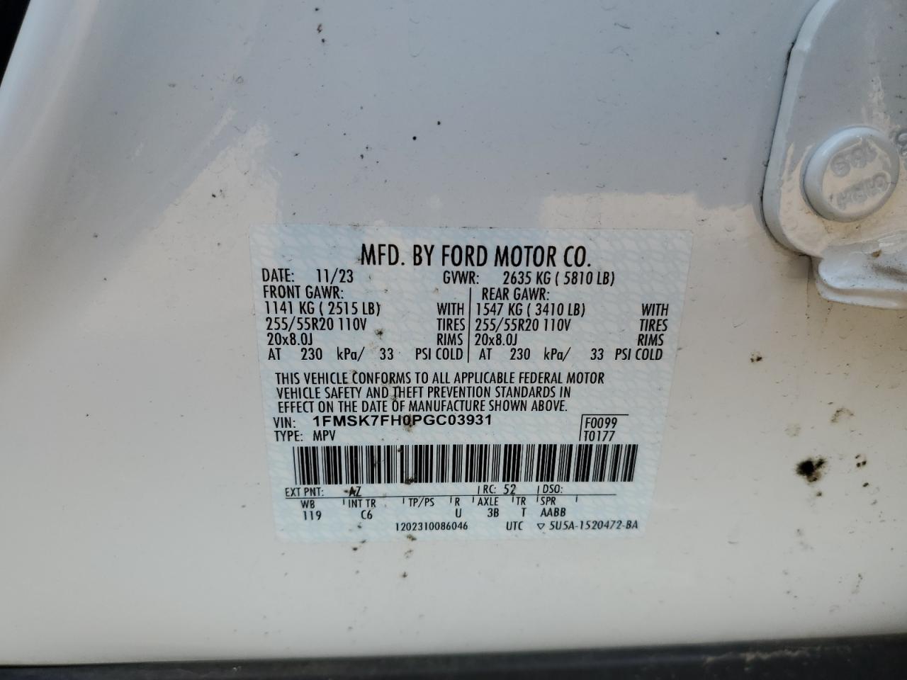2023 FORD EXPLORER LIMITED VIN:1FMSK7FH0PGC03931