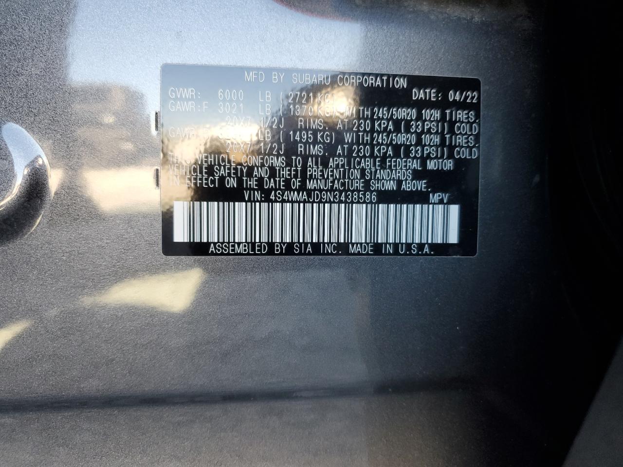 2022 SUBARU ASCENT ONYX EDITION VIN:4S4WMAJD9N3438586