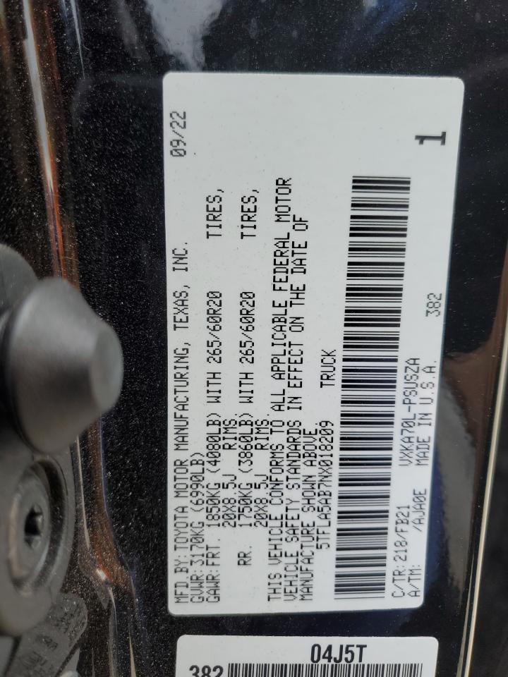 2022 TOYOTA TUNDRA CREWMAX SR VIN:5TFLA5AB7NX018209