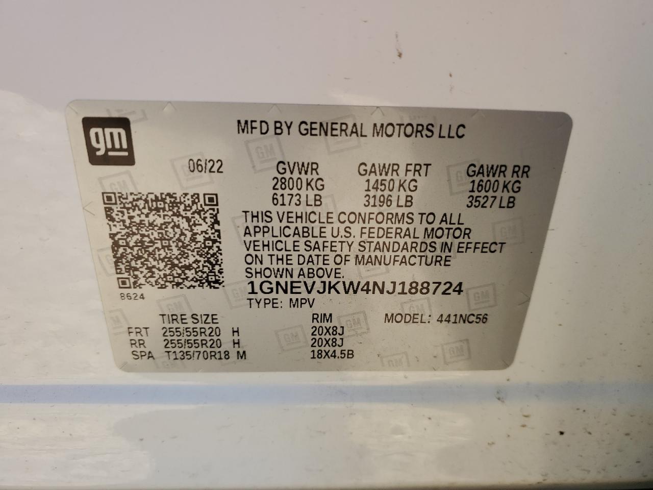 2022 CHEVROLET TRAVERSE RS VIN:1GNEVJKW4NJ188724