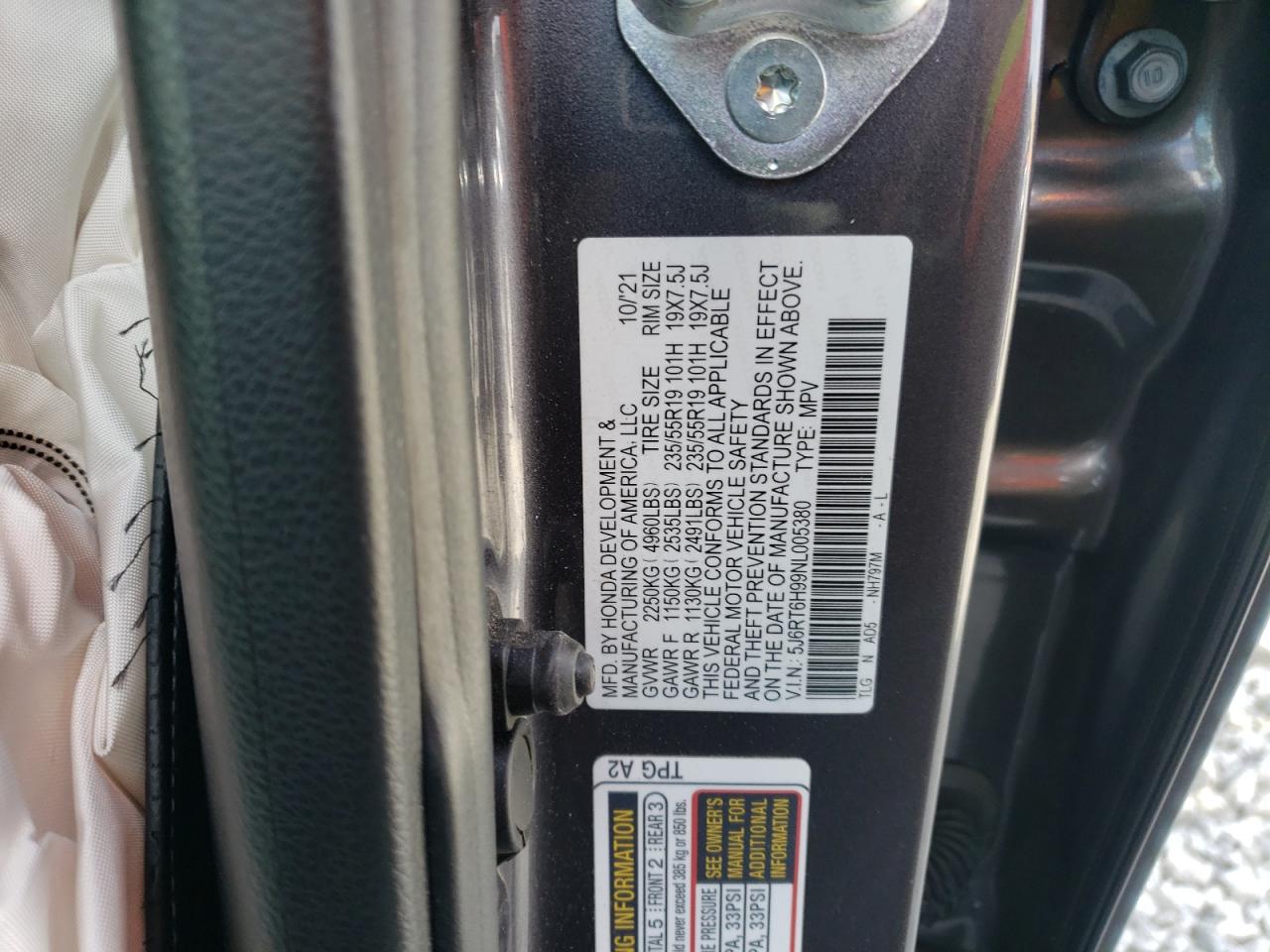 2022 HONDA CR-V TOURING VIN:5J6RT6H99NL005380