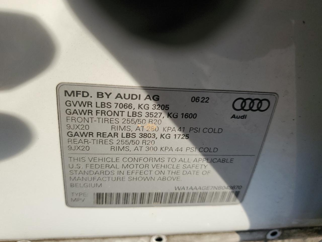 2022 AUDI E-TRON PREMIUM VIN:WA1AAAGE7NB043670