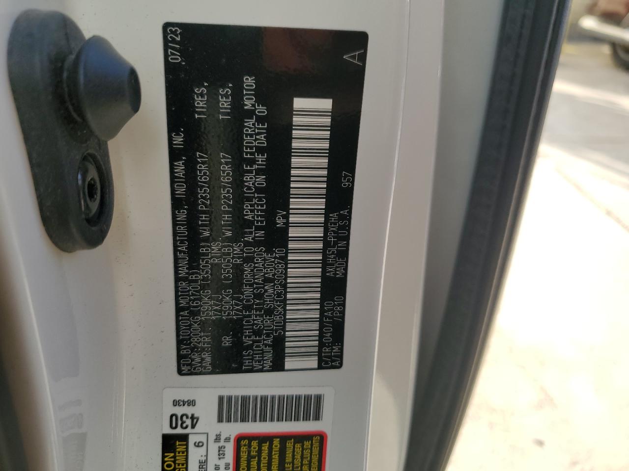 2023 TOYOTA SIENNA LE VIN:5TDBSKFC3PS098710