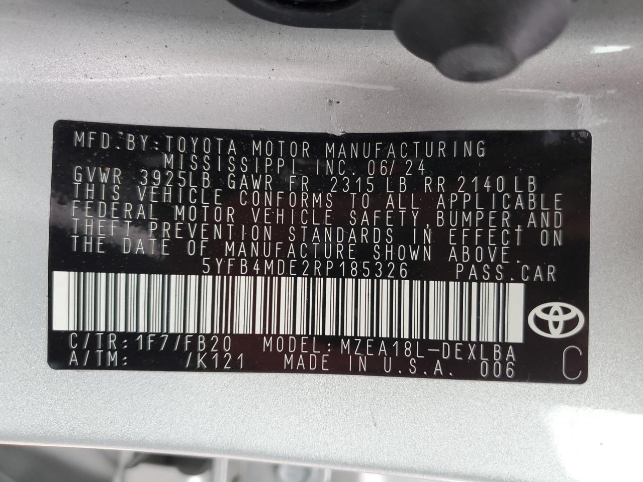 2024 TOYOTA COROLLA LE VIN:5YFB4MDE2RP185326