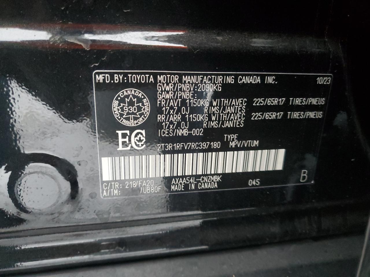 2024 TOYOTA RAV4 XLE VIN:2T3R1RFV7RC397180